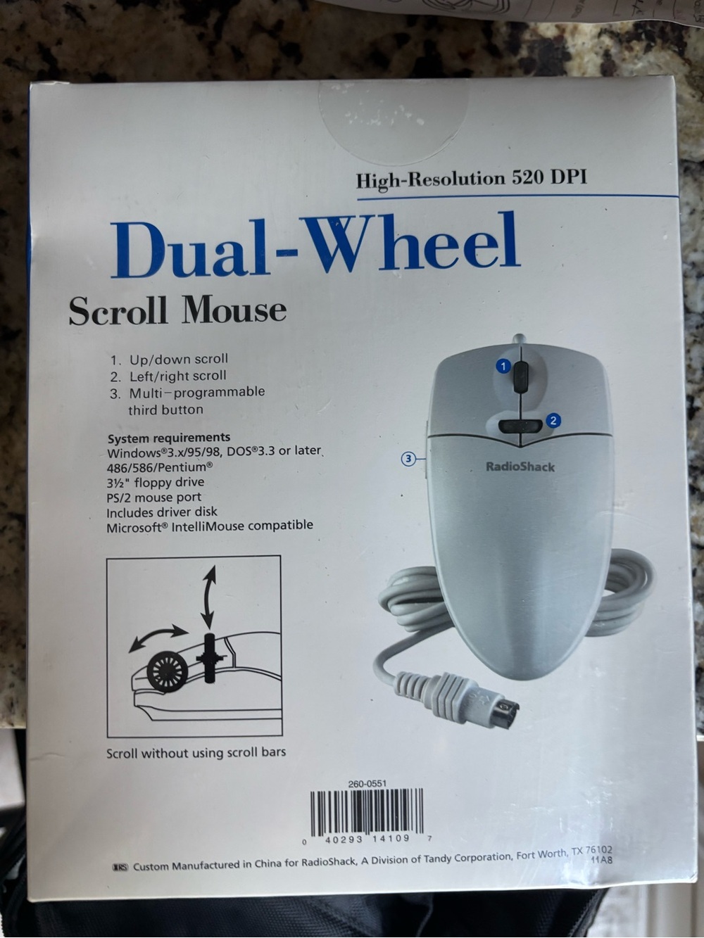 The RadioShack Dual-Wheel Scroll Mouse (Catalog No. 26-551) is a vintage 520 DPI
